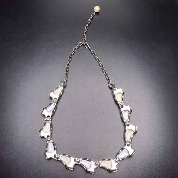 Blue Cream Silver Tone Link Choker Collar Necklace Earrings Demi Parure - Picture 7 of 11